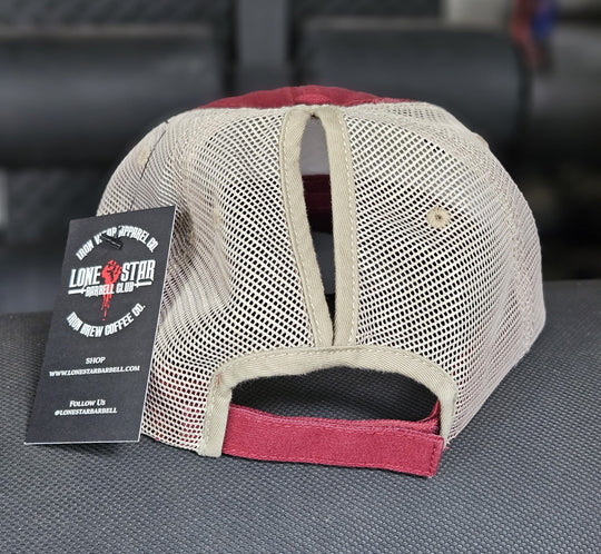 Lone Star Barbell Club simple Distressed Red & Tan Ponytail Patch Hat