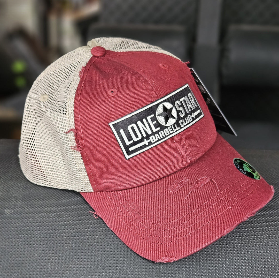 Lone Star Barbell Club simple Distressed Red & Tan Ponytail Patch Hat