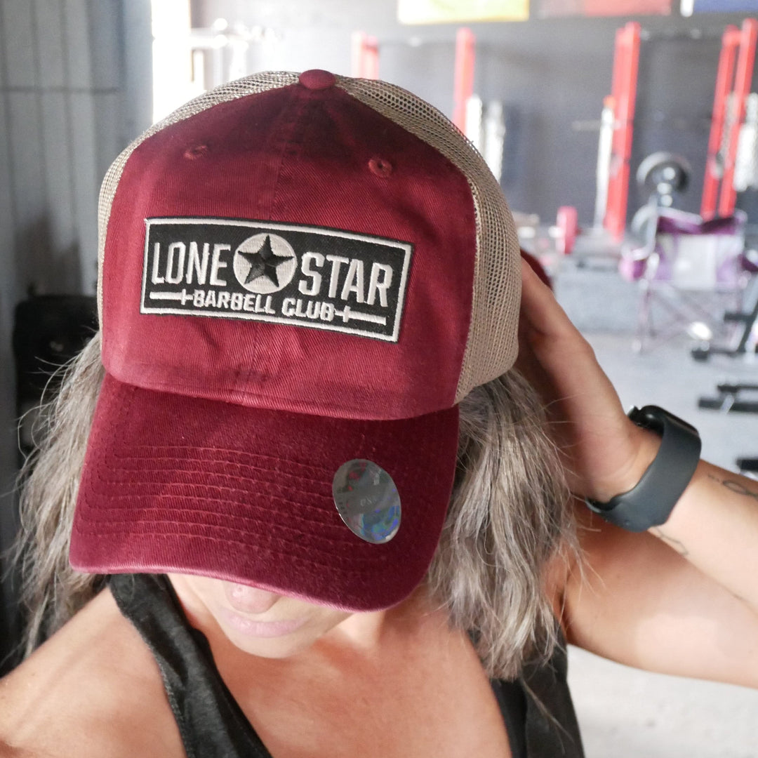 Lone Star Barbell Club simple Distressed Red & Tan Ponytail Patch Hat